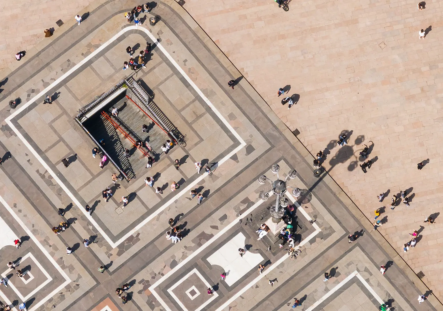 Aerial view of a square with architectural geometries