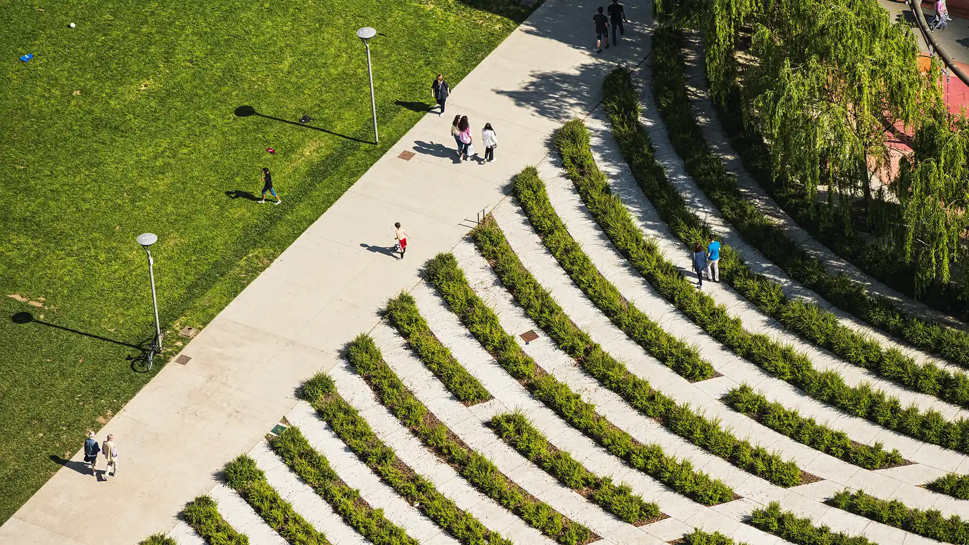 Aerial view of an urban park with landscape geometries
